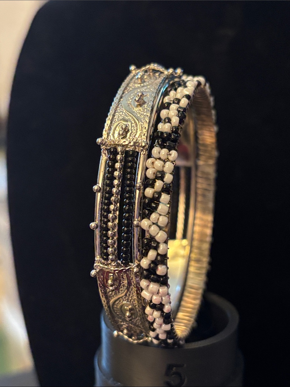 Silver-Tone Black Beaded Multi-Strand Bracelet